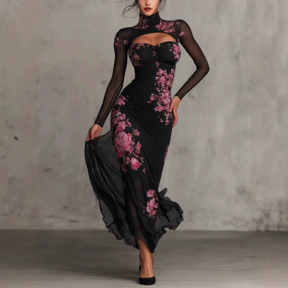 Summer Black Mesh Print Sexy Slim Fit Cutout Mermaid Evening Dress